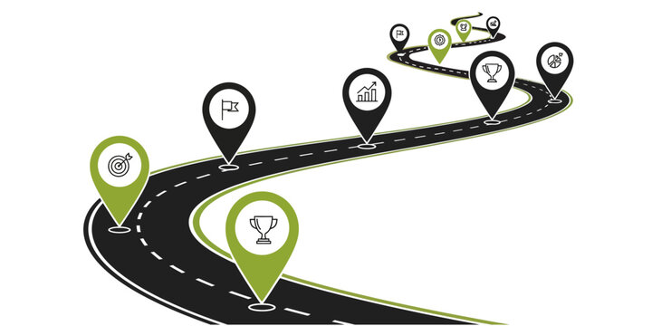 Business roadmap with location pins and goal icons on winding highway