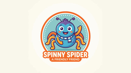 Obraz premium A friendly cartoon spider character logo with orange legs and purple antennae is depicted in a circular emblem.