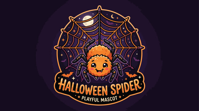 A smiling cartoon Halloween spider mascot logo with a pumpkin head is depicted in a playful illustration.