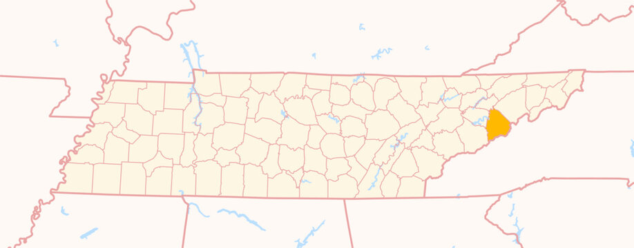 Map of the County Cocke (Tennessee, US) showing the Federal State with the highlighted County