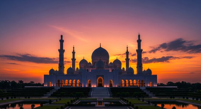 Majestic mosque silhouette against a vibrant sunset sky
