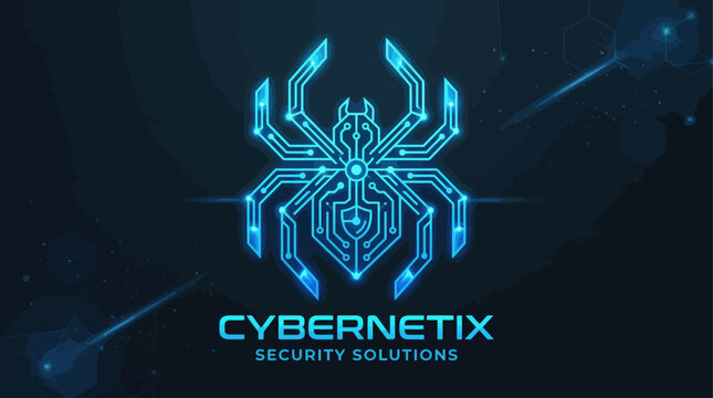 A futuristic cyber security spider logo made of digital elements represents Cybernetix Security Solutions in a dark technological environment.