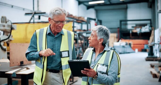 Machine, inspection and mature people with tablet in warehouse, meeting and quality assurance on web. Robotics facility, manager and planning for mechanical design, teamwork and discussion with tech