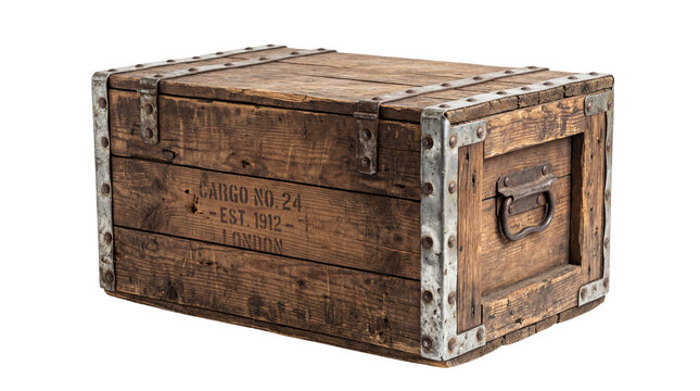 Old wooden cargo crate with metal straps handle and CARGO NO 24 LONDON text, isolated on transparent background