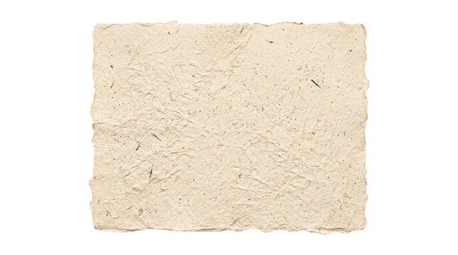 Rough textured handmade beige paper with visible natural fibers and deckled edges, perfectly isolated on transparent background for organic stationery designs