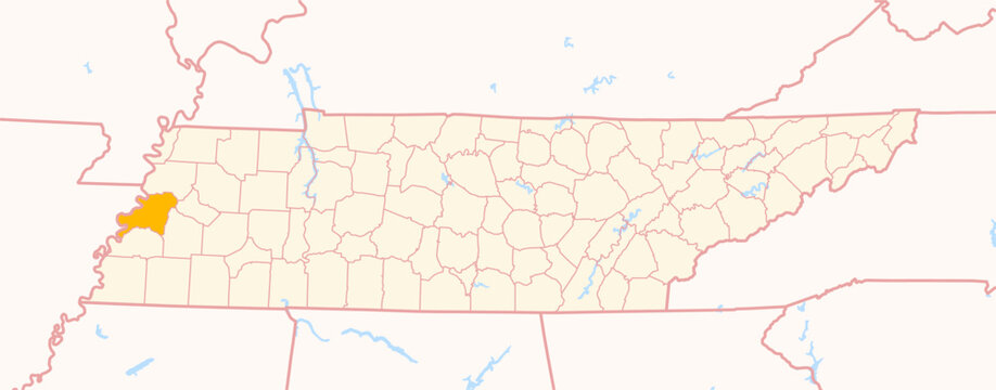 Map of the County Lauderdale (Tennessee, US) showing the Federal State with the highlighted County