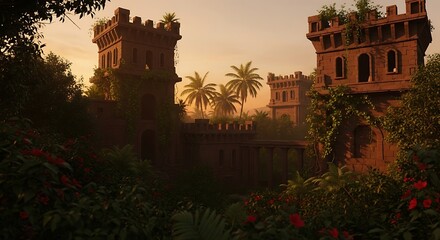 Fototapeta premium Ancient stone castle ruins hidden within a lush tropical jungle at golden hour sunset with vibrant palm trees