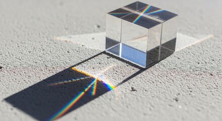 Fototapeta premium Glass prism refracting light on gray surface with rainbow colors background wallpaper poster banner download 2026 2027