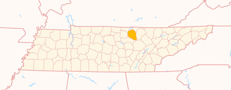 Map of the County Overton (Tennessee, US) showing the Federal State with the highlighted County
