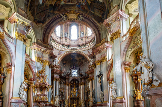 The baroque style decoration, inside the Saint Nicholas church of Prague, in the its castle complex district.