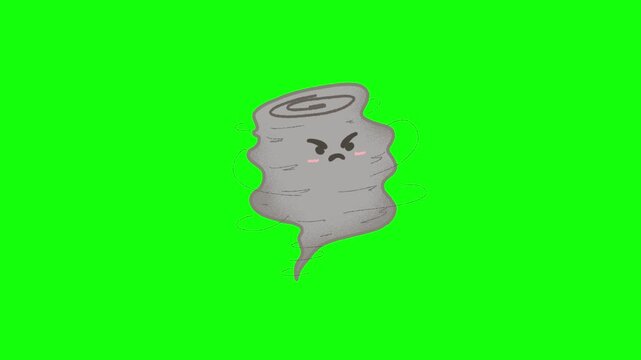 Animated 2D cartoon tornado with an angry face, swirling grey body spinning rapidly, wind lines circulating, isolated on green screen background.