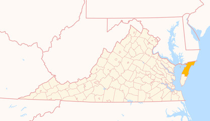 Fototapeta premium Map of the County Accomack (Virginia, US) showing the Federal State with the highlighted County