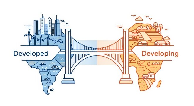 A bridge connecting a developed nation with modern cities and wind turbines to a developing nation with rural landscapes and agriculture, illustrating global economic disparity and connection.