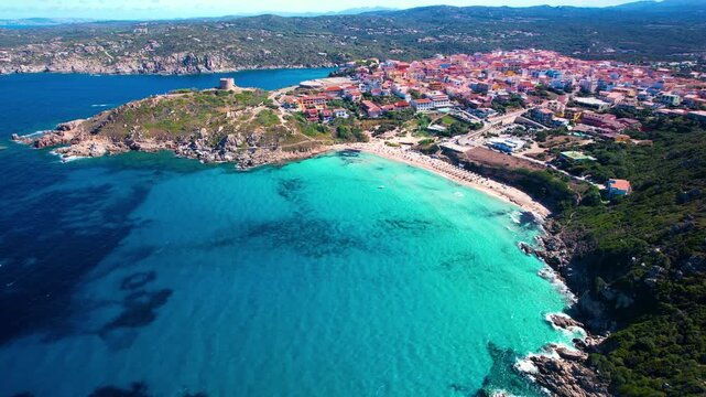 Italy Sardinia Aerial Drone 4K Video of Santa Teresa Gallura with Turquoise Tropical Sea and Longosardo Tower Peninsula Scenic Mediterranean Coastline Summer Travel