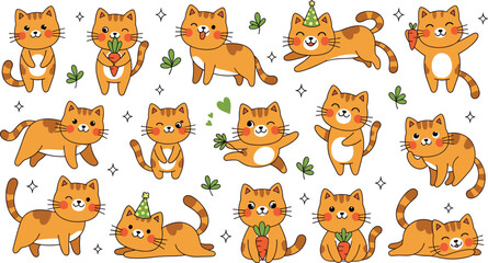 Fototapeta premium Cute cartoon orange cats collection with playful poses, carrots, clovers and party elements, adorable kitten vector set isolated on white background