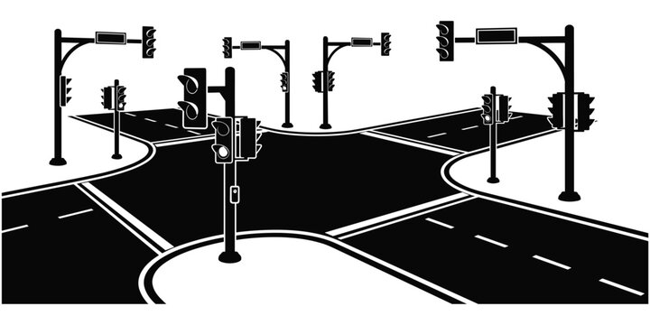 Traffic intersection illustration, urban road design silhouette, multi‑lane junction artwork, traffic lights signal control vector, city infrastructure illustration