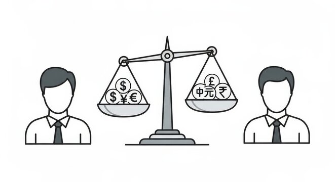 Illustration of two businessmen with a balanced scale showing various international currency symbols representing global finance and exchange rates.