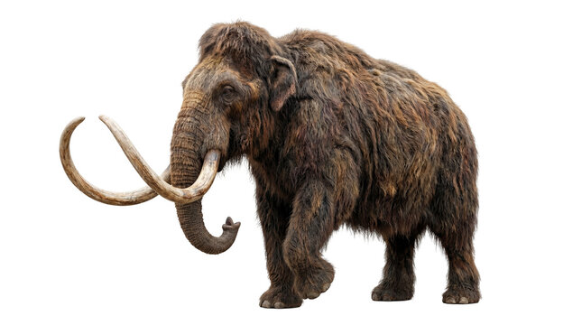 Majestic woolly mammoth with long brown shaggy fur and massive curved ivory tusks standing powerfully, isolated on transparent background