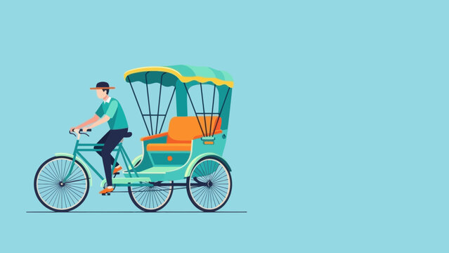 Cyclist driving a teal and orange rickshaw illustration