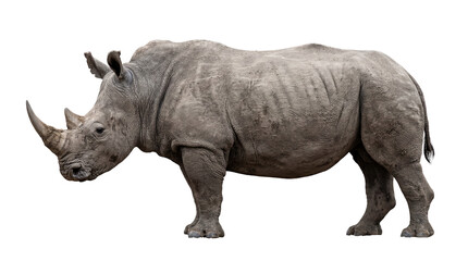 Massive grey rhinoceros with thick wrinkled skin and prominent horn, isolated on transparent background © Marie
