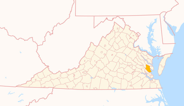 Map of the County Gloucester (Virginia, US) showing the Federal State with the highlighted County