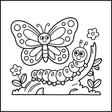 Butterfly and caterpillar coloring page for kids, black and white line art, educational activity vector illustration