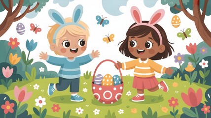 Fototapeta premium Illustration of children enjoying Easter egg hunt in a colorful garden, pastel palette, soft textures, playful style, flowers, butterflies, bright sky, high resolution, children's book illustration