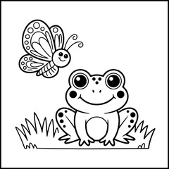 Fototapeta premium Cute frog and butterfly coloring page for kids, hand-drawn vector illustration, black and white line art design