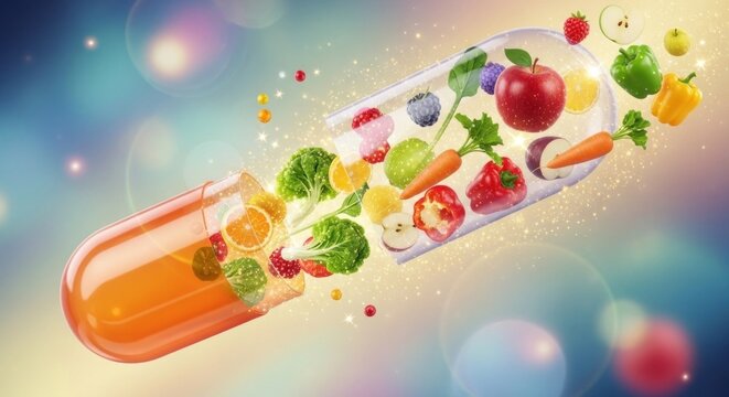 A colorful, vibrant capsule with fruits and vegetables inside, set against a gradient background.