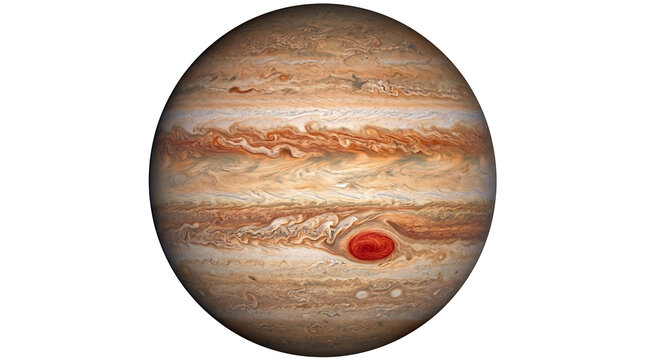 Jupiter s swirling orange brown white cloud bands with visible Great Red Spot, isolated on transparent background