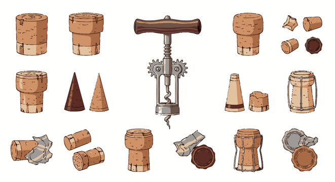 Collection of Wine Corks and Corkscrews Illustration.