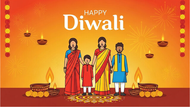 Family celebrating Diwali with traditional lamps and decorations inside a home