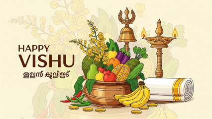 Festive Vishu celebration with traditional items and decorations in a Kerala home interior © Stock Image Paradise