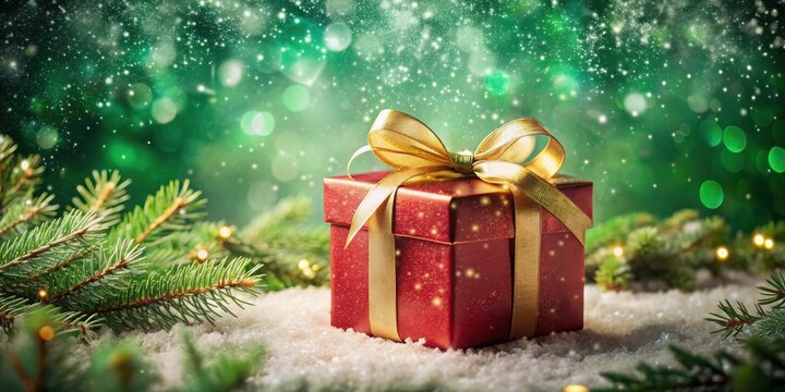 A Festive Red Gift Box Adorned with a Golden Ribbon Rests on a Snowy Surface, Surrounded by Evergreen Branches and Soft, Sparkling Lights, Evoking a Sense of Winter Wonderland Magic