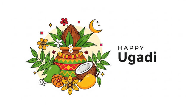 Traditional Ugadi celebration with floral decorations and fruits