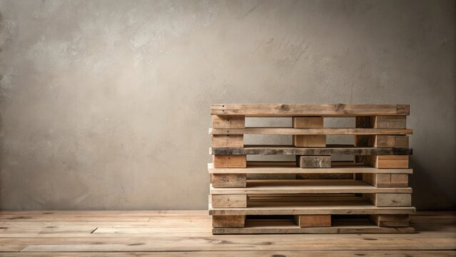 Rustic Wooden Pallets Stacked Against a Weathered Wall, Offering a Simple Yet Versatile Background for Product Displays or Design Concepts