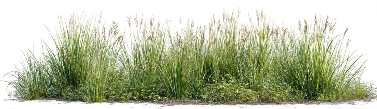 Tall, green grasses with feathery seed heads form a dense, natural border
