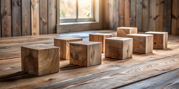 Rustic Wooden Blocks Arranged on a Weathered Wooden Surface Near a Window