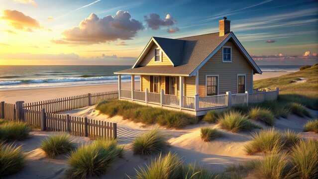 Serene Coastal Cottage at Golden Hour, Nestled Amongst Dunes and Ocean Breeze