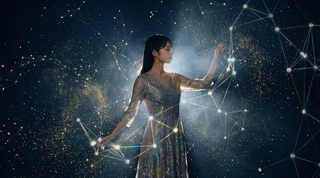 Elegant woman manipulates futuristic networks in a cinematic digital dreamscape scene