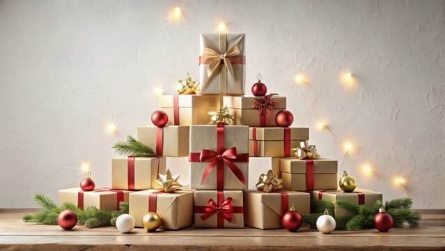 A festive arrangement of presents forming a pyramid shape, adorned with ribbons and ornaments, illuminated by soft string lights, sits on a rustic wooden surface against a textured wall.