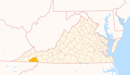 Fototapeta premium Map of the County Washington (Virginia, US) showing the Federal State with the highlighted County