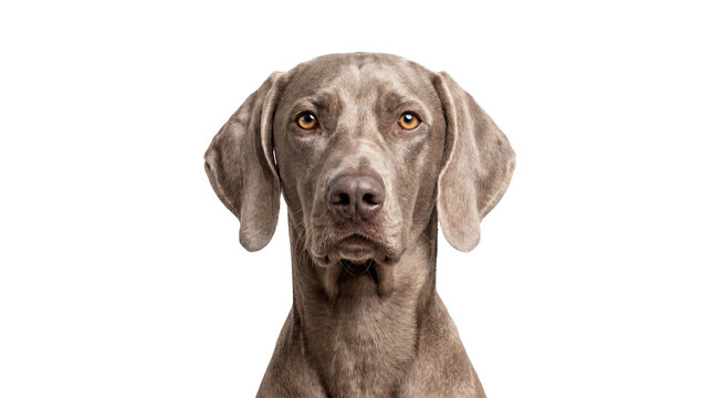 Majestic silver-gray Weimaraner dog with amber eyes and sleek fur, isolated on transparent background for pet media