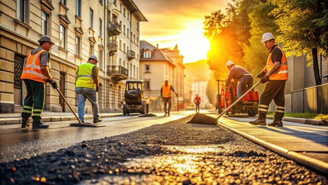 Road Construction Crew at Sunset Workers Leveling Fresh Asphalt During Golden Hour