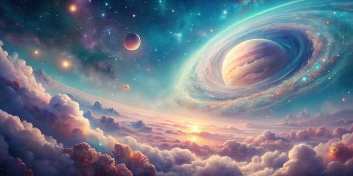 A Serene Celestial Landscape Featuring a Ringed Planet and Distant Suns, Viewed from Above a Dreamlike Cloudscape
