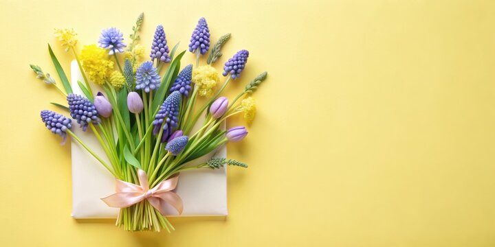 A Delicate Spring Bouquet Tied with a Pale Pink Ribbon, Resting on a Pale Yellow Surface