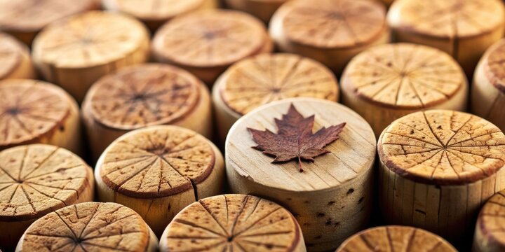 Autumnal Leaf on Wooden Discs A Detailed Macro Shot of Natural Textures and Warm Hues