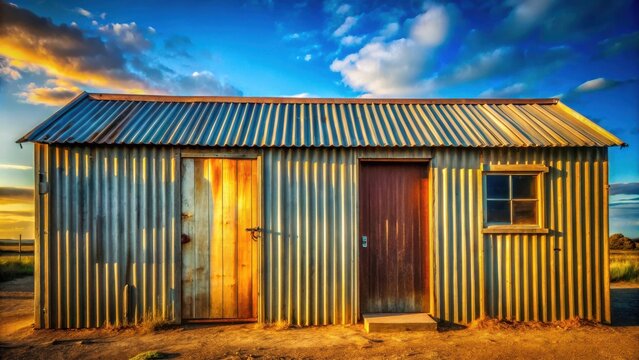 Rustic corrugated metal shed with wooden doors bathed in warm sunset light
