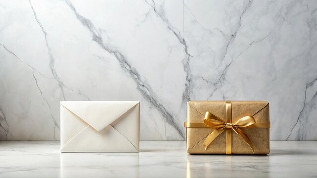 Elegant Envelope and Gift Box on Marble Surface, Symbol of Communication and Celebration