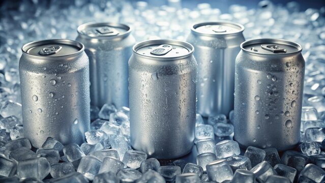 Icy Refreshment  Cool, Condensation-Covered Aluminum Cans Nestled in a Bed of Sparkling Ice Cubes